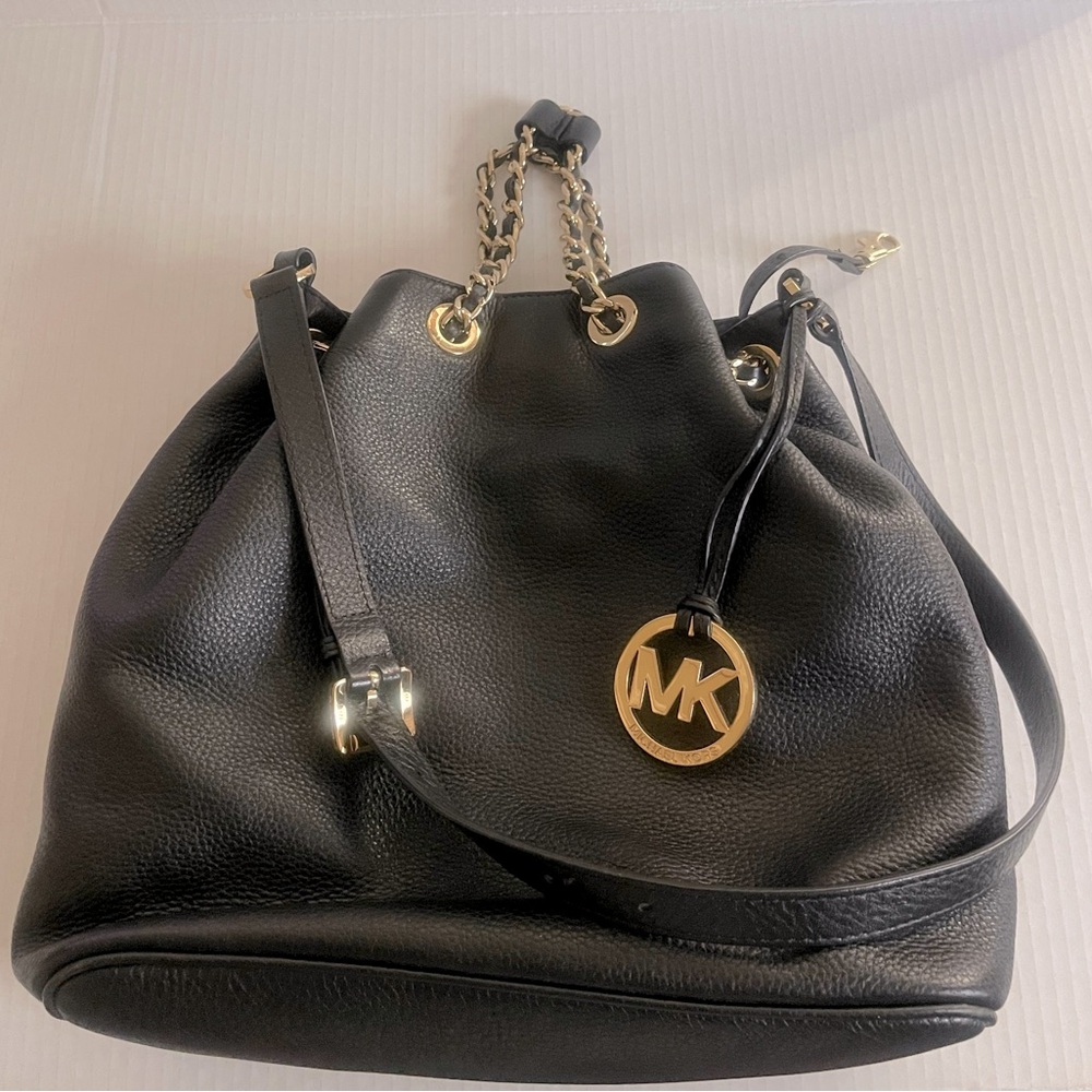 Michael Kors Black Leather Shoulder Bag/Bucket Bag with Gold Accents